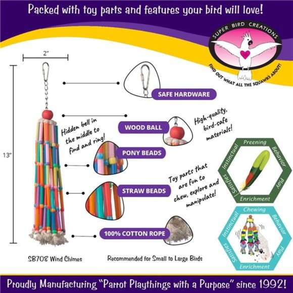 Wind Chimes Bird Toy, Medium Bird Size, 13” x 2” - Picture 3 of 7